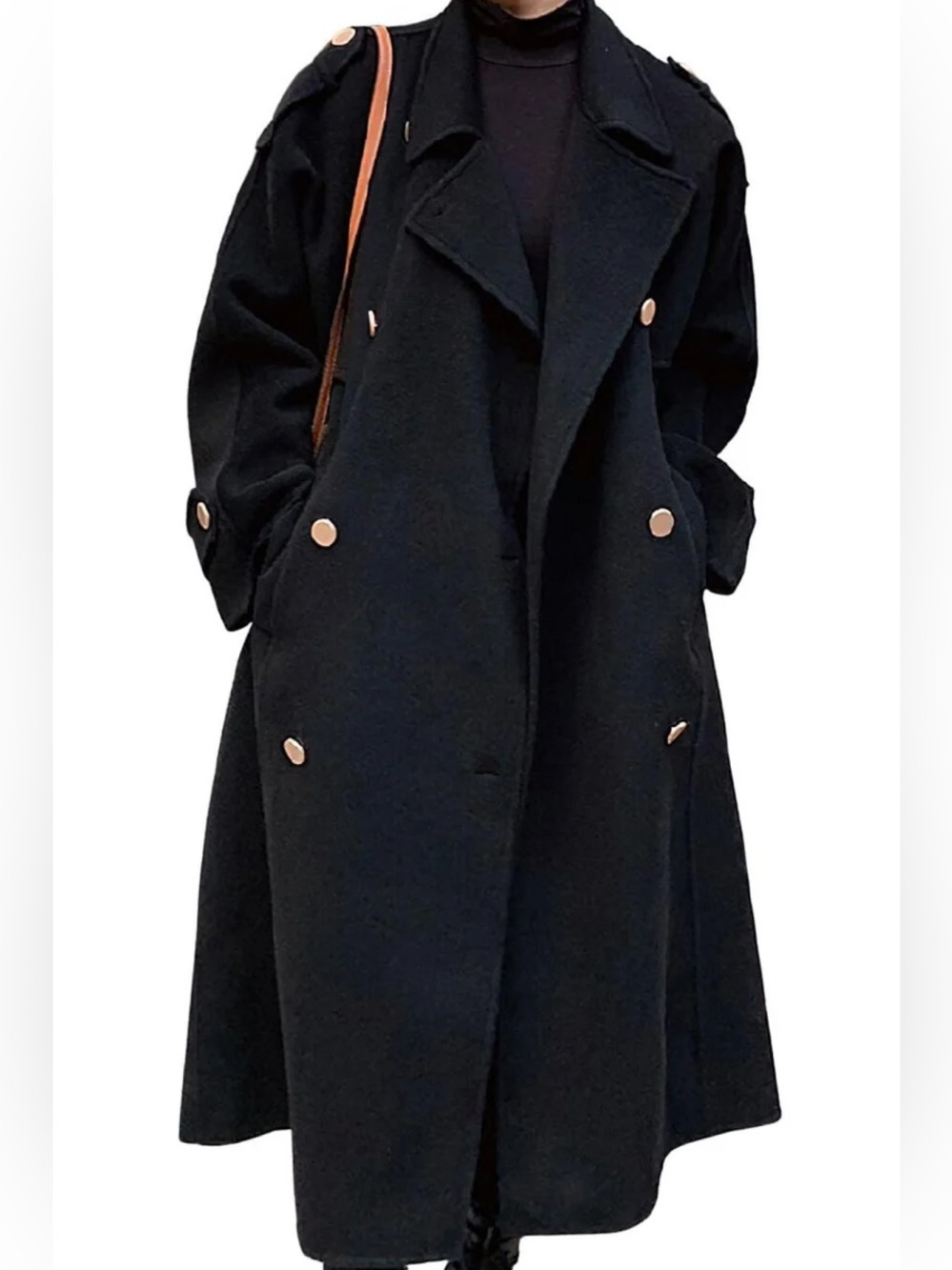 Chouyatou double breasted midi long wool pea coat notch lapel winter trench